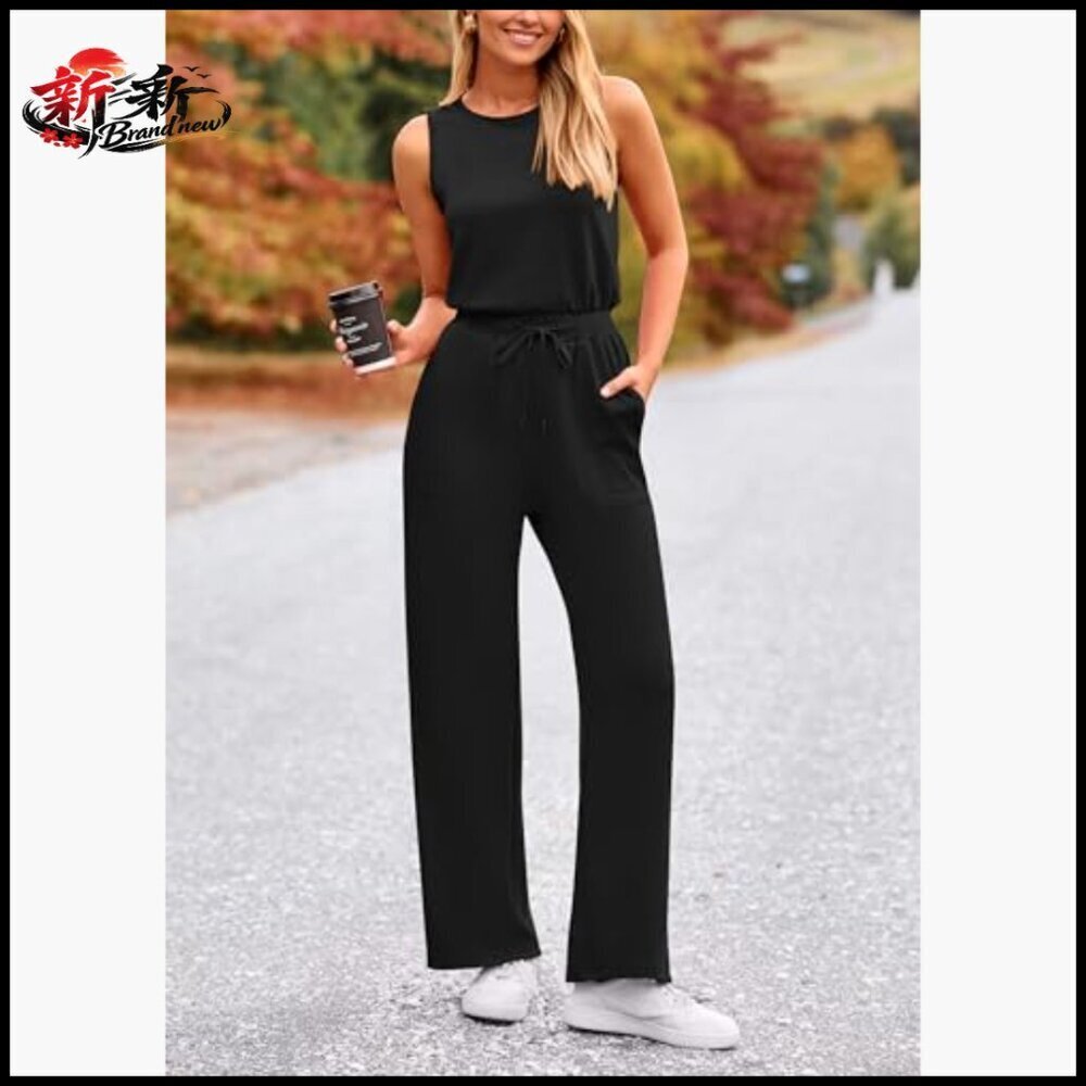 Sleeveless Wide Leg Jumpsuit, Polyester Viscose Elastane Blend, Casual Summer - Picture 6 of 7